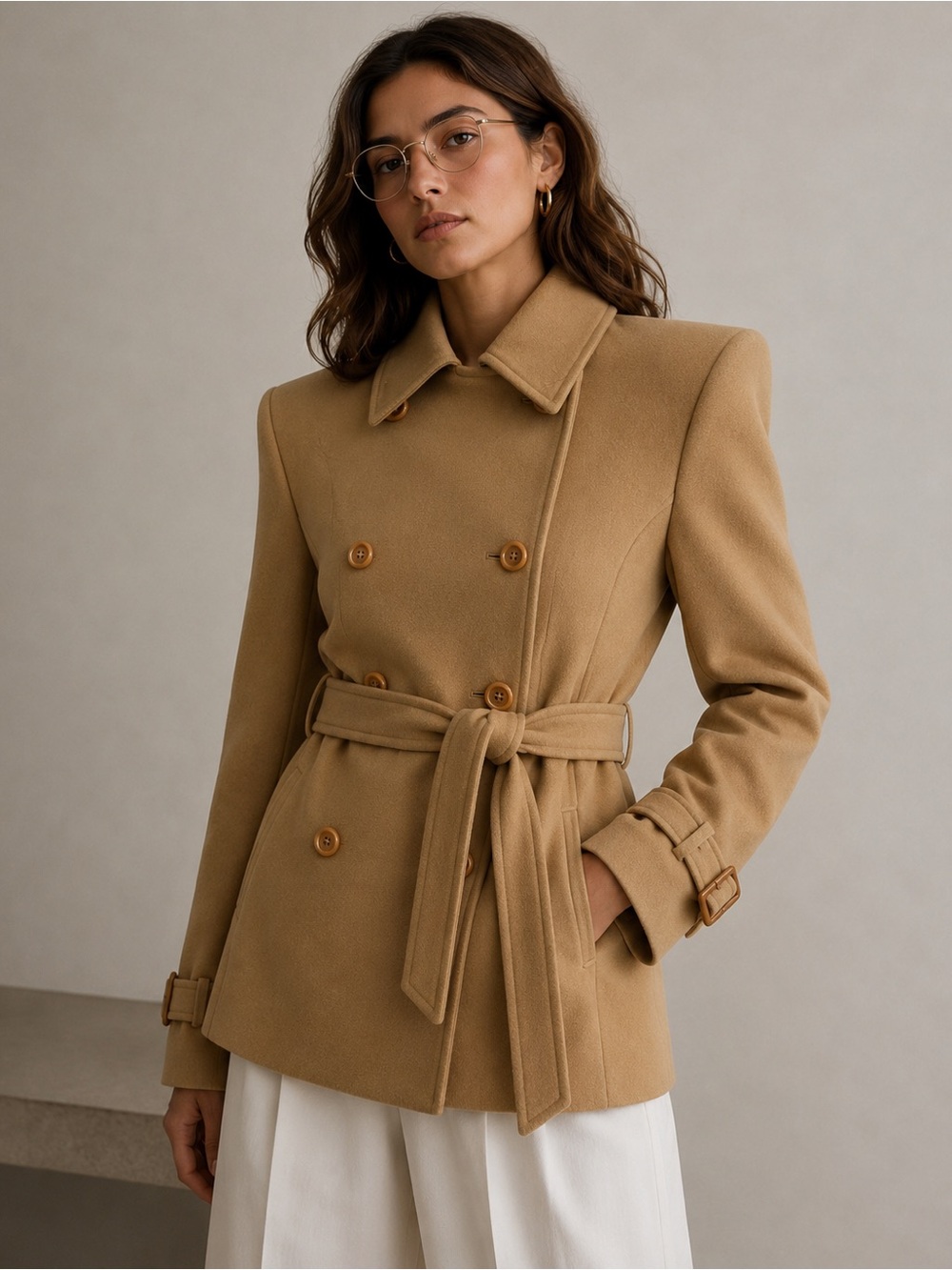 Jones New Signature York Camel Double-Breasted Belted Peacoat size Large